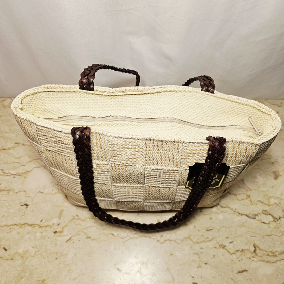 NWT Vintage Warren Reed Cream Fabric/Gold Straw Basketweave Design Shoulder Bag - Picture 5 of 10